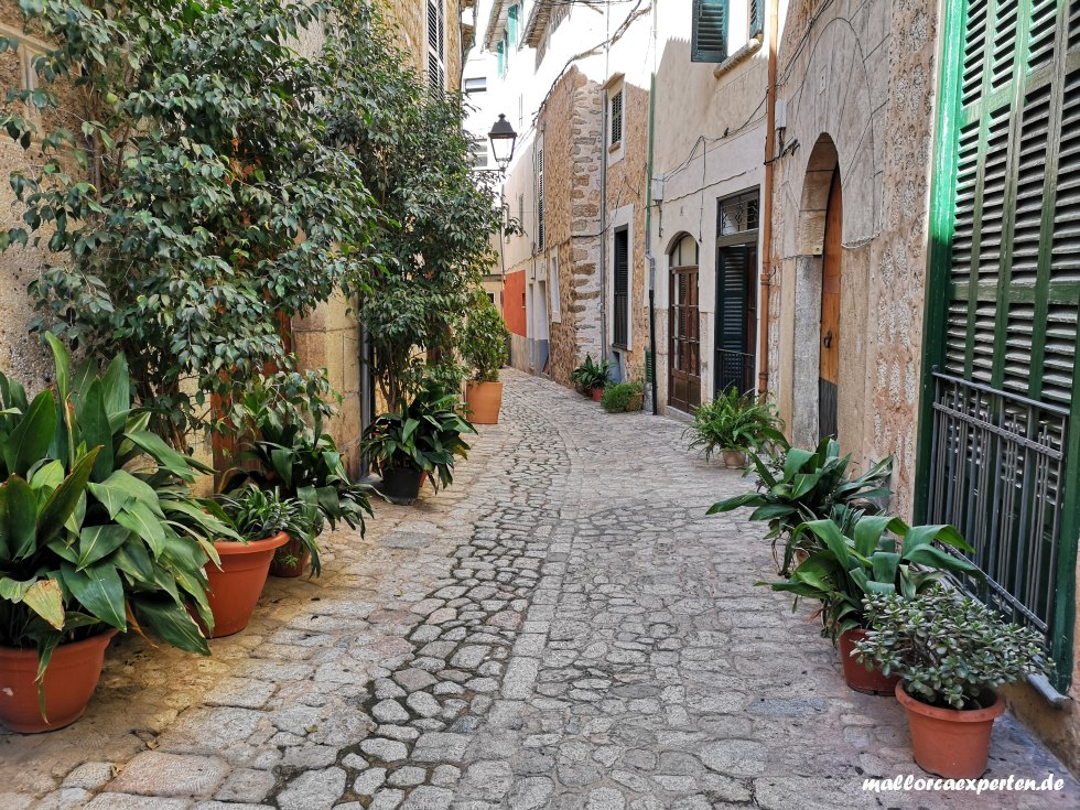 romantische Gasse mit Blumen in Soller Mallorca
